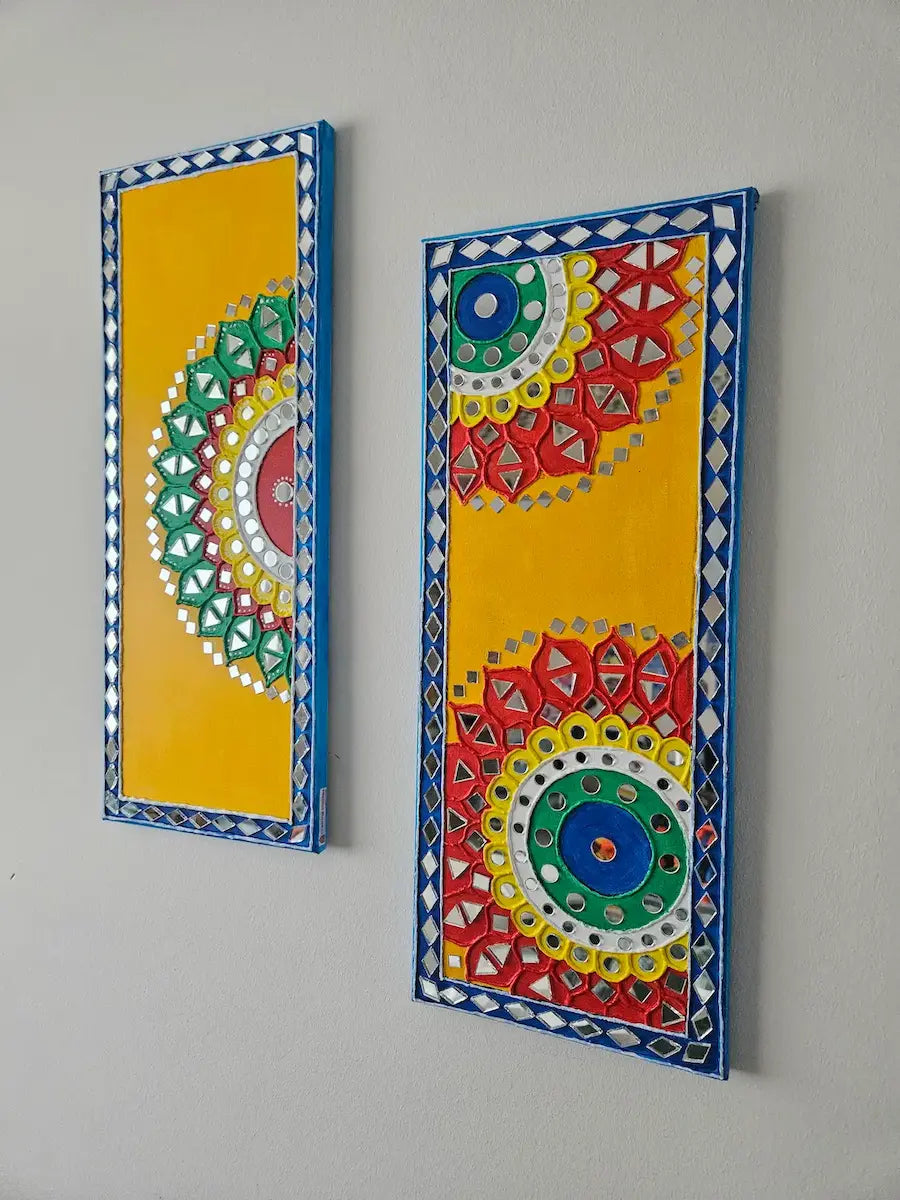 Handgefertigte Lippan-Kunst – Wanddekoration mit Spiegelarbeiten (2er-Set)