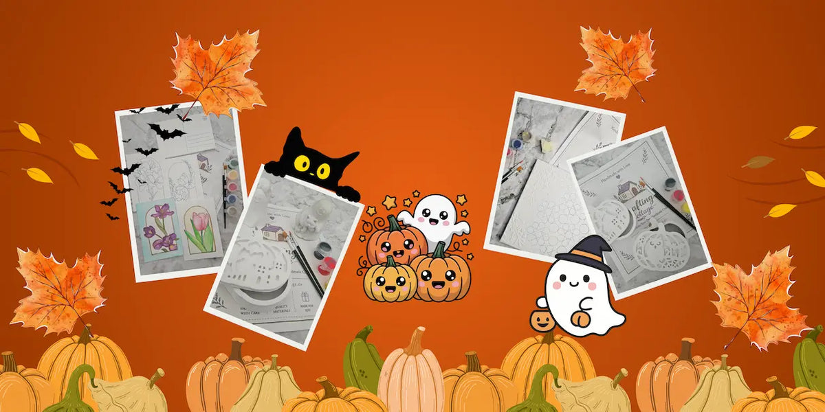 Promotional graphic for Crafting Cottage featuring four sample pages of coloring worksheets displayed in tilted frames, surrounded by autumn leaves, pumpkins, a black cat, and a white ghost on an orange background. The text reads 'Relax.